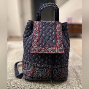 Vera Bradley Quilted Navy Backpack with Red floral Accents